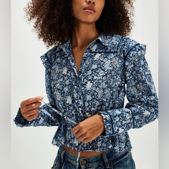 Free People Tops - Free People Daybreak Printed Cotton Blouse in Chambray Combo Blue, Size M, NWOT